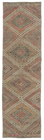 Anadolu Eskitme Kahverengi Pamuk Üzerine Yün El Dokuma Kilim-086x300