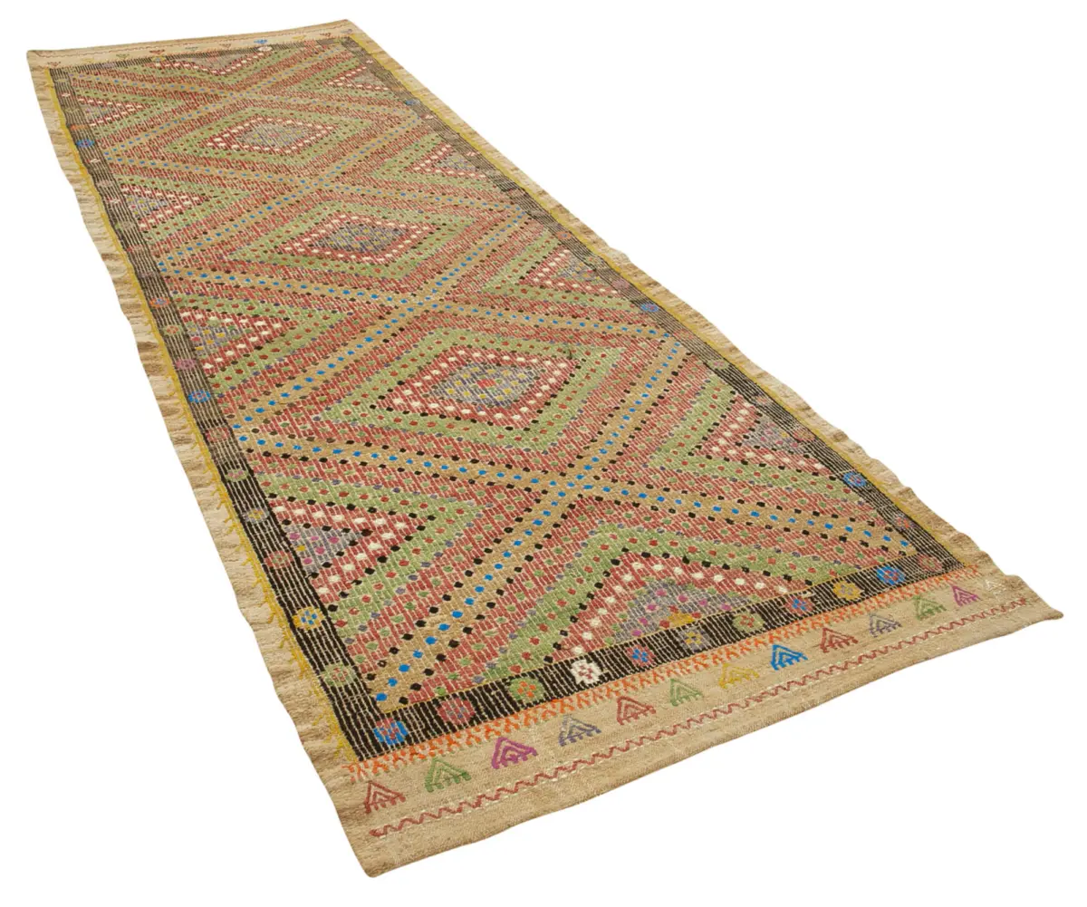 Anadolu Eskitme Multi Pamuk Üzerine Yün El Dokuma Kilim-112x247 - Görsel 2