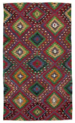 Anadolu Eskitme Kırmızı Pamuk Üzerine Yün El Dokuma Kilim-175x310