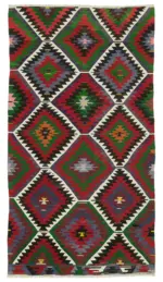 Anadolu Eskitme Kırmızı Pamuk Üzerine Yün El Dokuma Kilim-149x274