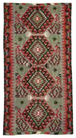 Anadolu Eskitme Kırmızı Pamuk Üzerine Yün El Dokuma Kilim-161x309