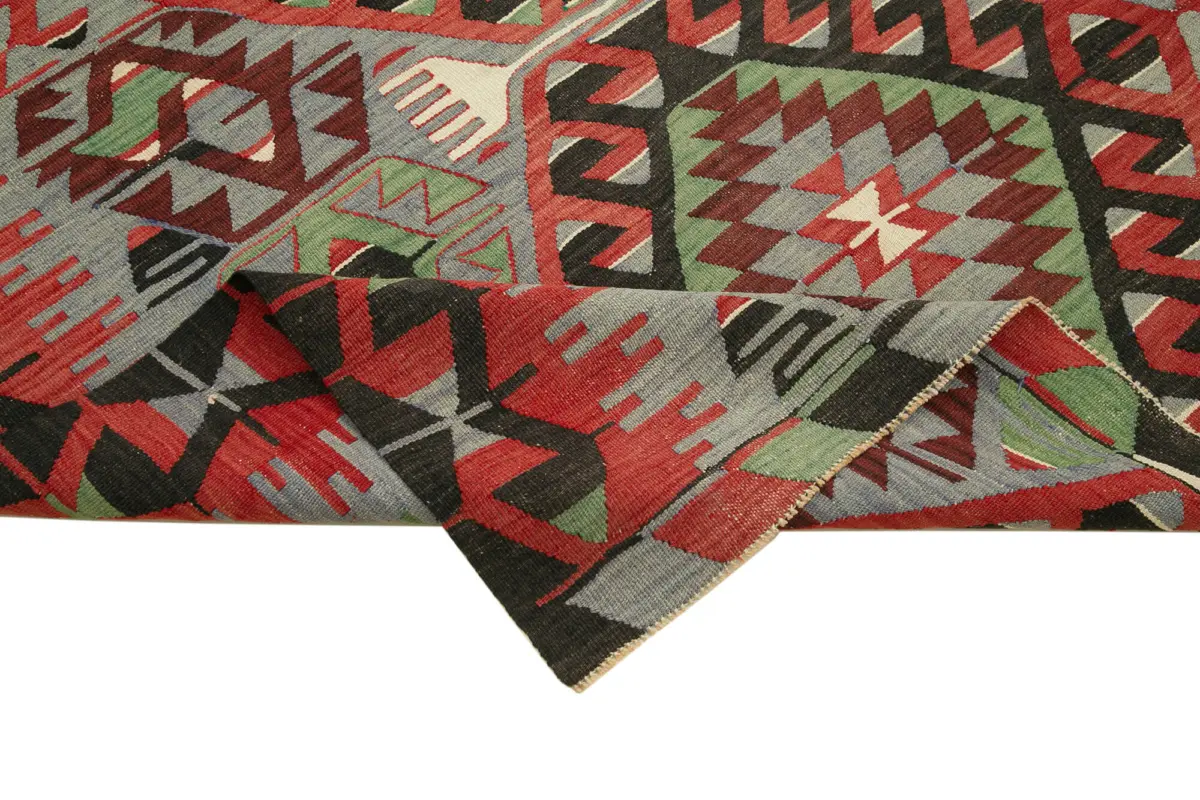 Anadolu Eskitme Kırmızı Pamuk Üzerine Yün El Dokuma Kilim-161x309 - Görsel 6