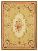 Aubusson Eskitme Sarı Pamuk Üzerine Yün El Dokuma Halı-266x357