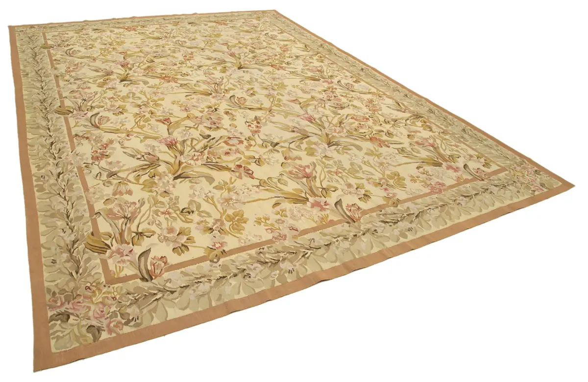 Aubusson Eskitme Sarı Pamuk Üzerine Yün El Dokuma Halı-304x430 - Görsel 2