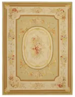 Aubusson Eskitme Bej Pamuk Üzerine Yün El Dokuma Halı-272x366