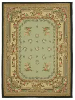 Aubusson Eskitme Yeşil Pamuk Üzerine Yün El Dokuma Halı-268x363