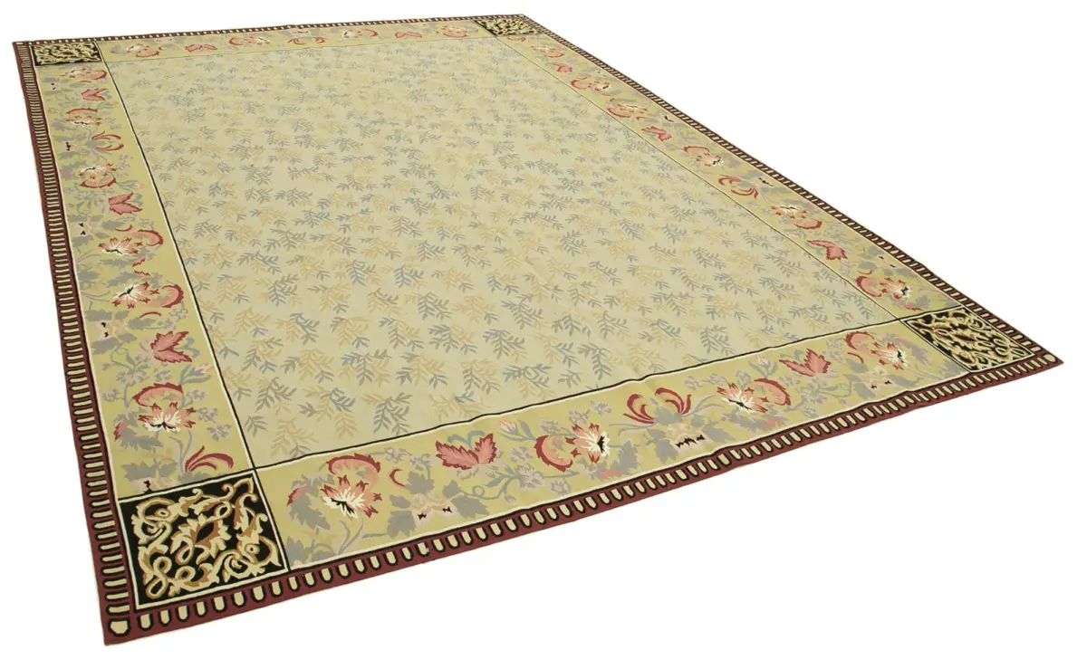 Aubusson Eskitme Yeşil Pamuk Üzerine Yün El Dokuma Halı-273x367 - Görsel 2