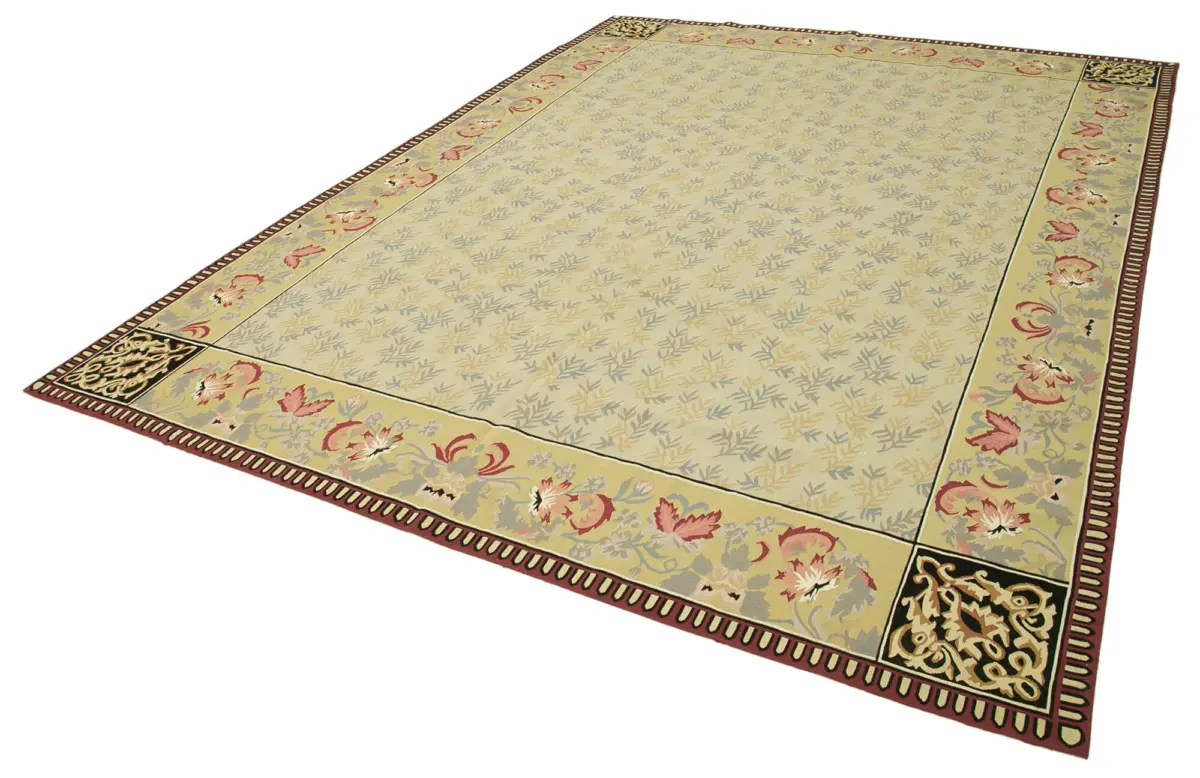 Aubusson Eskitme Yeşil Pamuk Üzerine Yün El Dokuma Halı-273x367 - Görsel 3