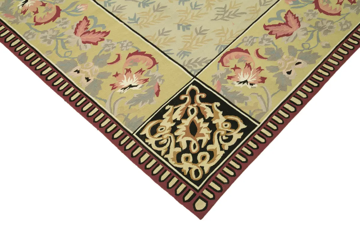 Aubusson Eskitme Yeşil Pamuk Üzerine Yün El Dokuma Halı-273x367 - Görsel 4