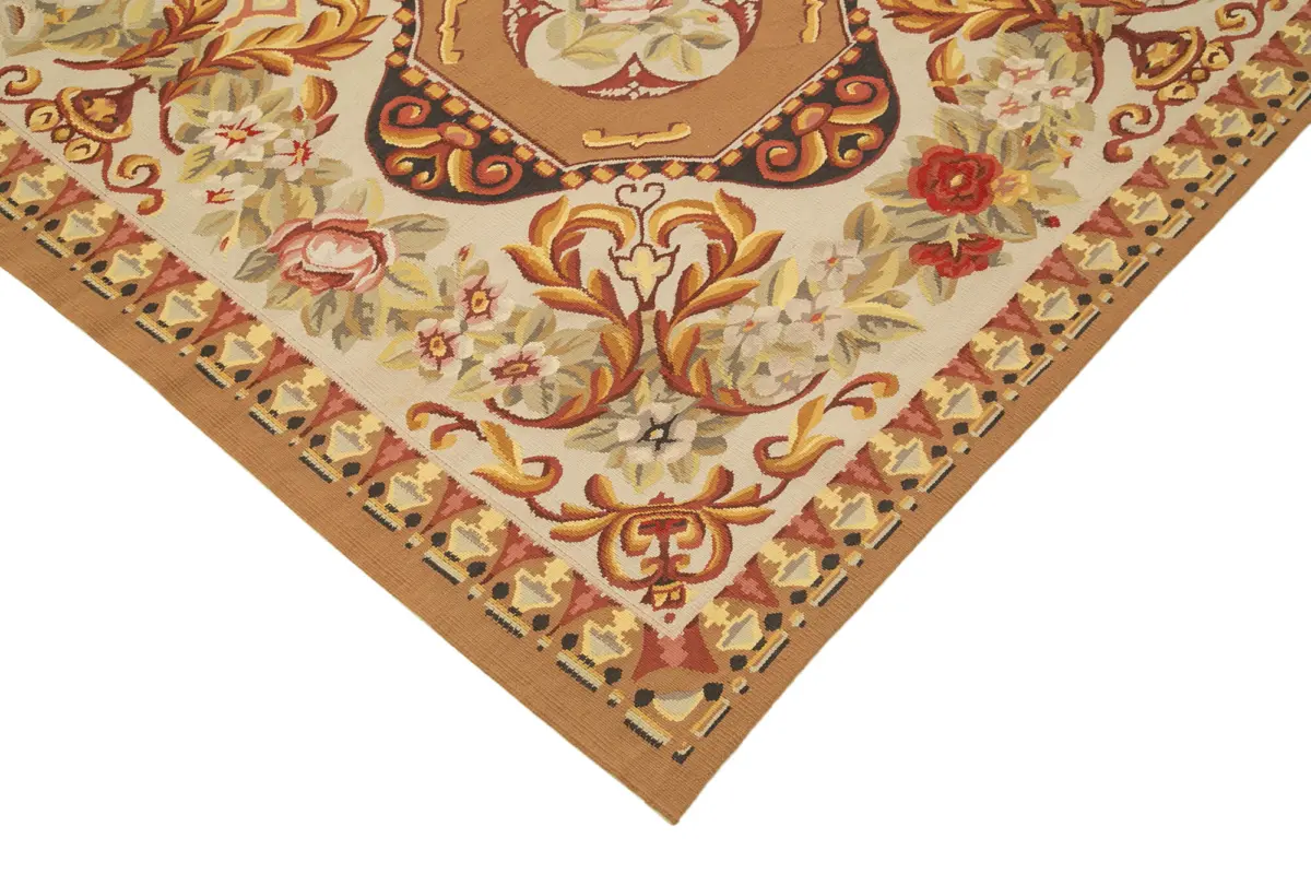 Aubusson Eskitme Bej Pamuk Üzerine Yün El Dokuma Halı-236x306 - Görsel 4