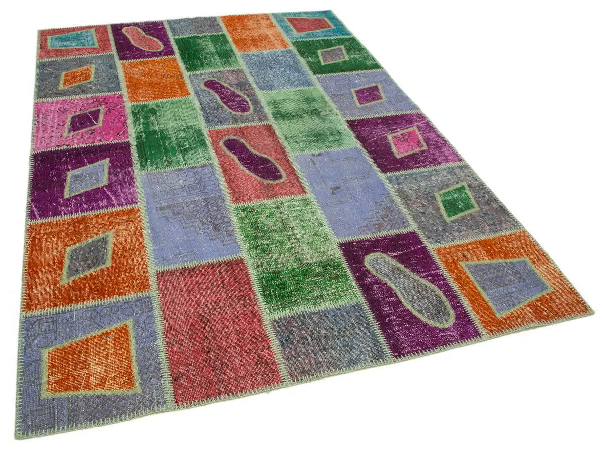 Patchwork Multi Pamuk Üzerine Yün El Dokuma Kilim-164x236 - Görsel 2