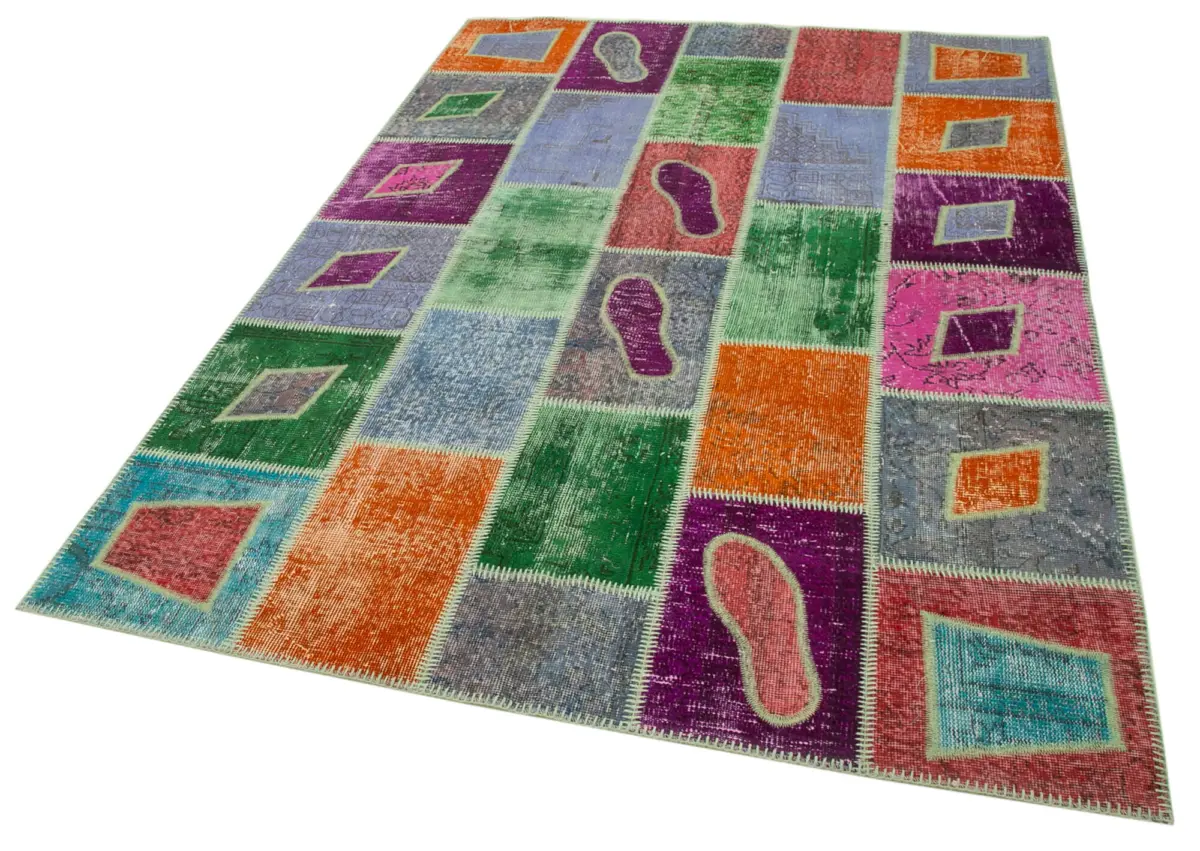 Patchwork Multi Pamuk Üzerine Yün El Dokuma Kilim-164x236 - Görsel 3