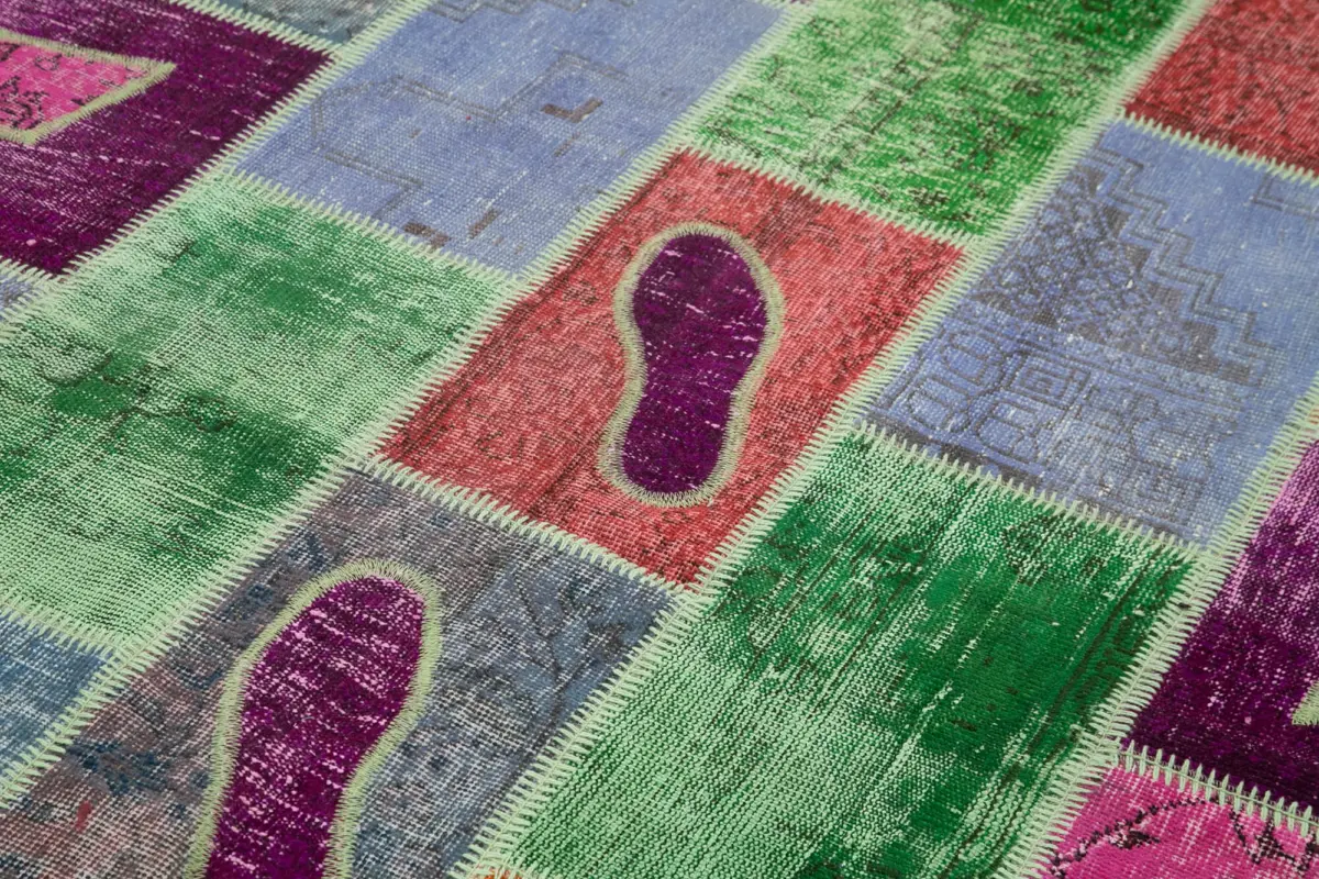 Patchwork Multi Pamuk Üzerine Yün El Dokuma Kilim-164x236 - Görsel 5