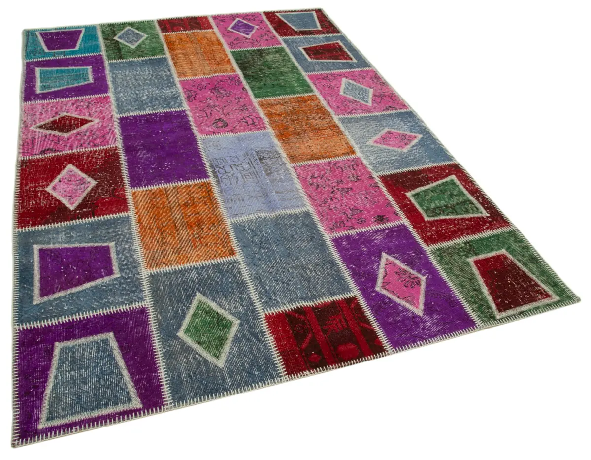 Patchwork Multi Pamuk Üzerine Yün El Dokuma Kilim-165x231 - Görsel 2