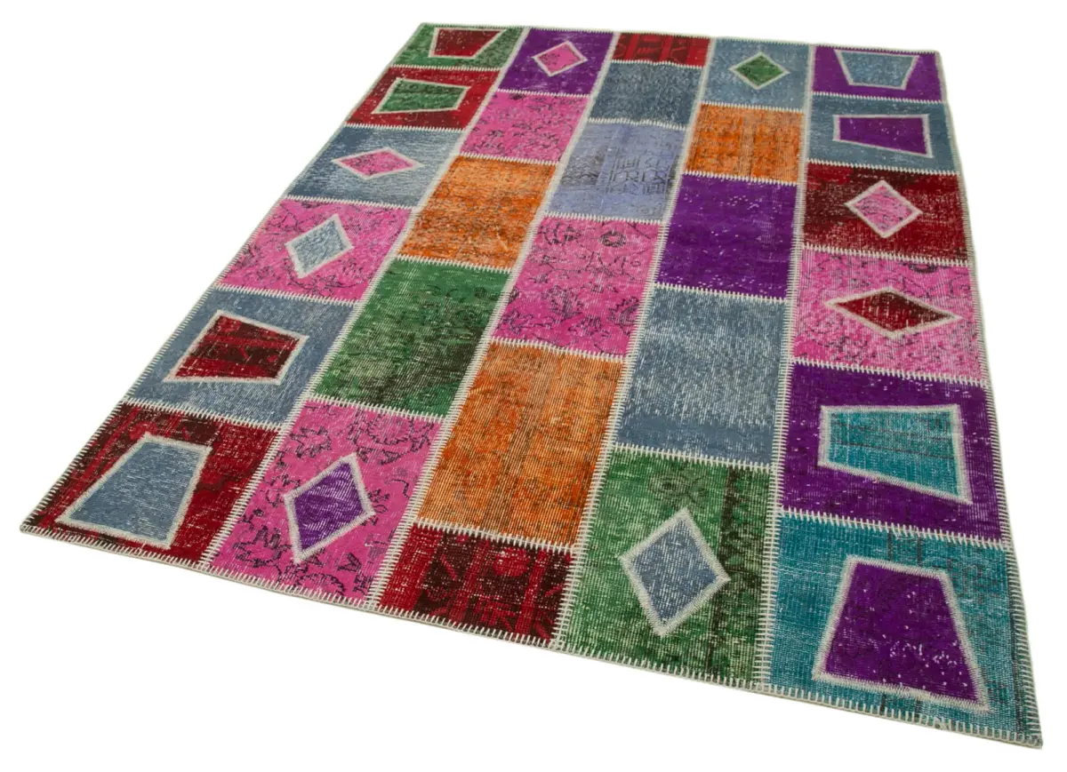 Patchwork Multi Pamuk Üzerine Yün El Dokuma Kilim-165x231 - Görsel 3