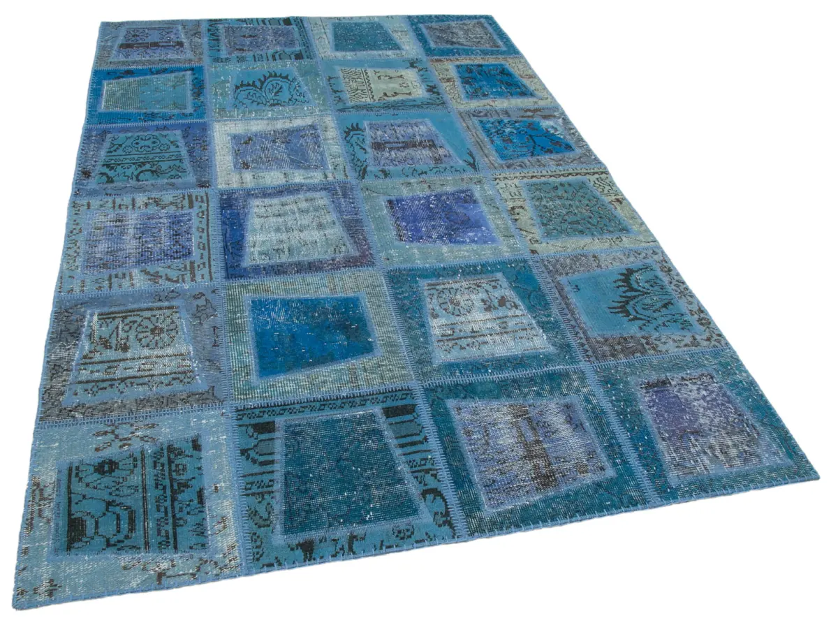 Patchwork Mavi Pamuk Üzerine Yün El Dokuma Kilim-159x240 - Görsel 2