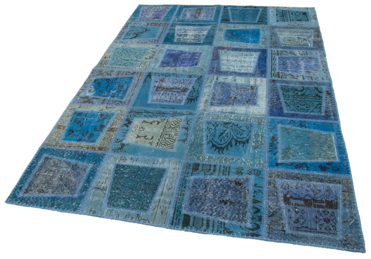 Patchwork Mavi Pamuk Üzerine Yün El Dokuma Kilim-159x240 - Görsel 3
