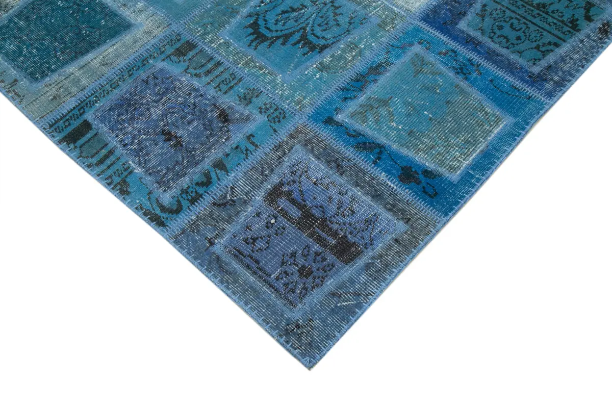 Patchwork Mavi Pamuk Üzerine Yün El Dokuma Kilim-159x240 - Görsel 4