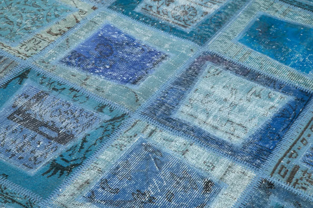 Patchwork Mavi Pamuk Üzerine Yün El Dokuma Kilim-159x240 - Görsel 5