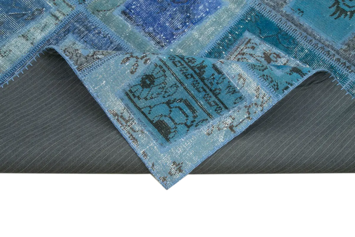 Patchwork Mavi Pamuk Üzerine Yün El Dokuma Kilim-159x240 - Görsel 6