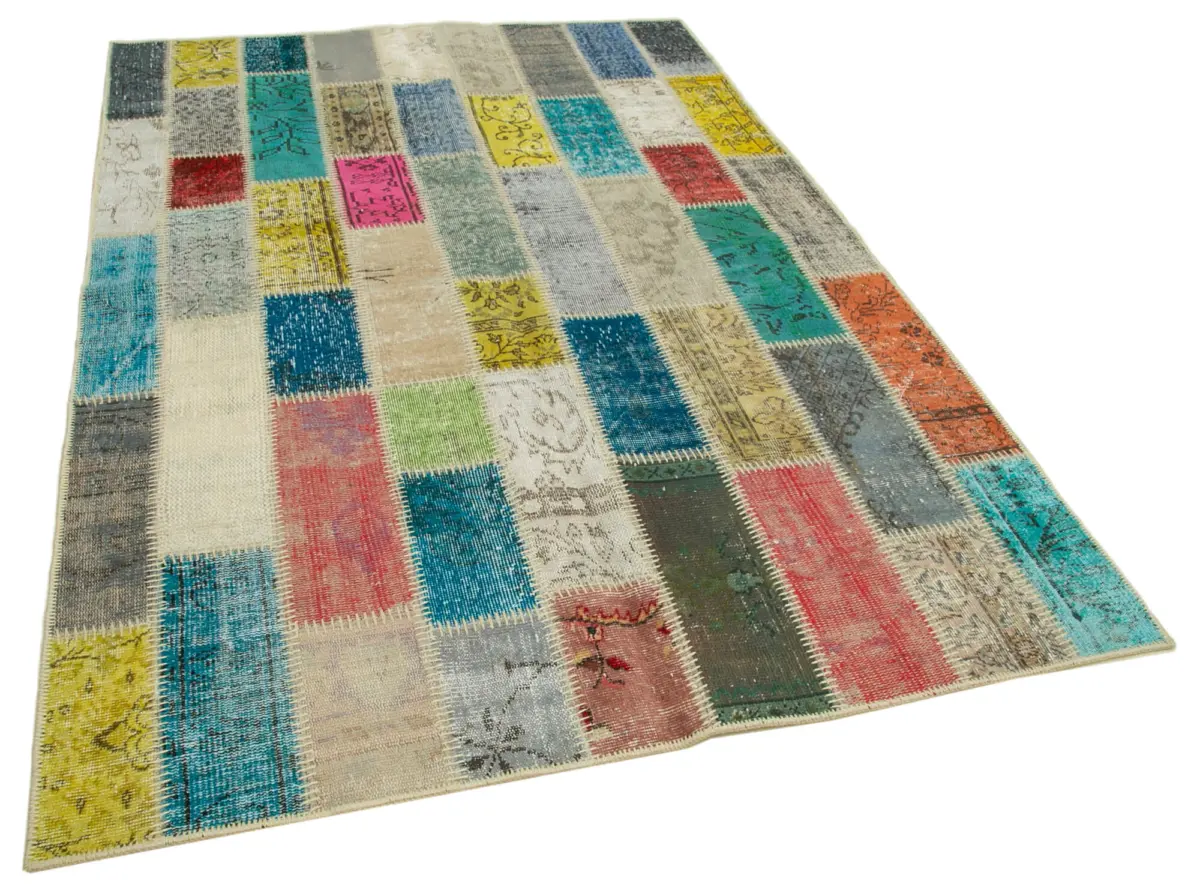 Patchwork Multi Pamuk Üzerine Yün El Dokuma Kilim-160x240 - Görsel 2