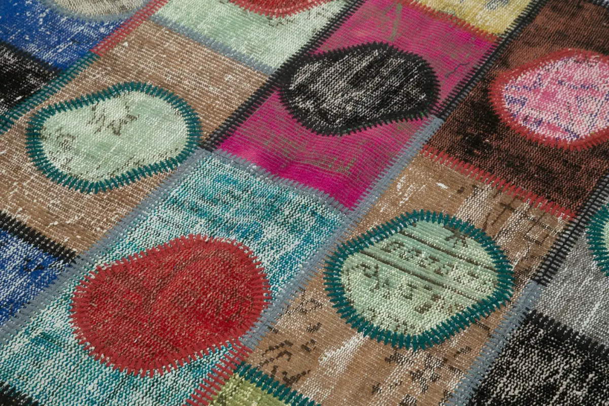 Patchwork Multi Pamuk Üzerine Yün El Dokuma Kilim-140x200 - Görsel 5