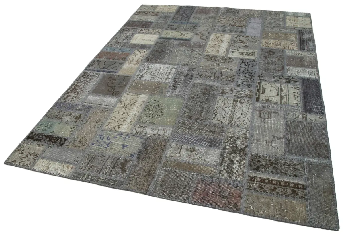 Patchwork Gri Pamuk Üzerine Yün El Dokuma Kilim-175x239 - Görsel 3