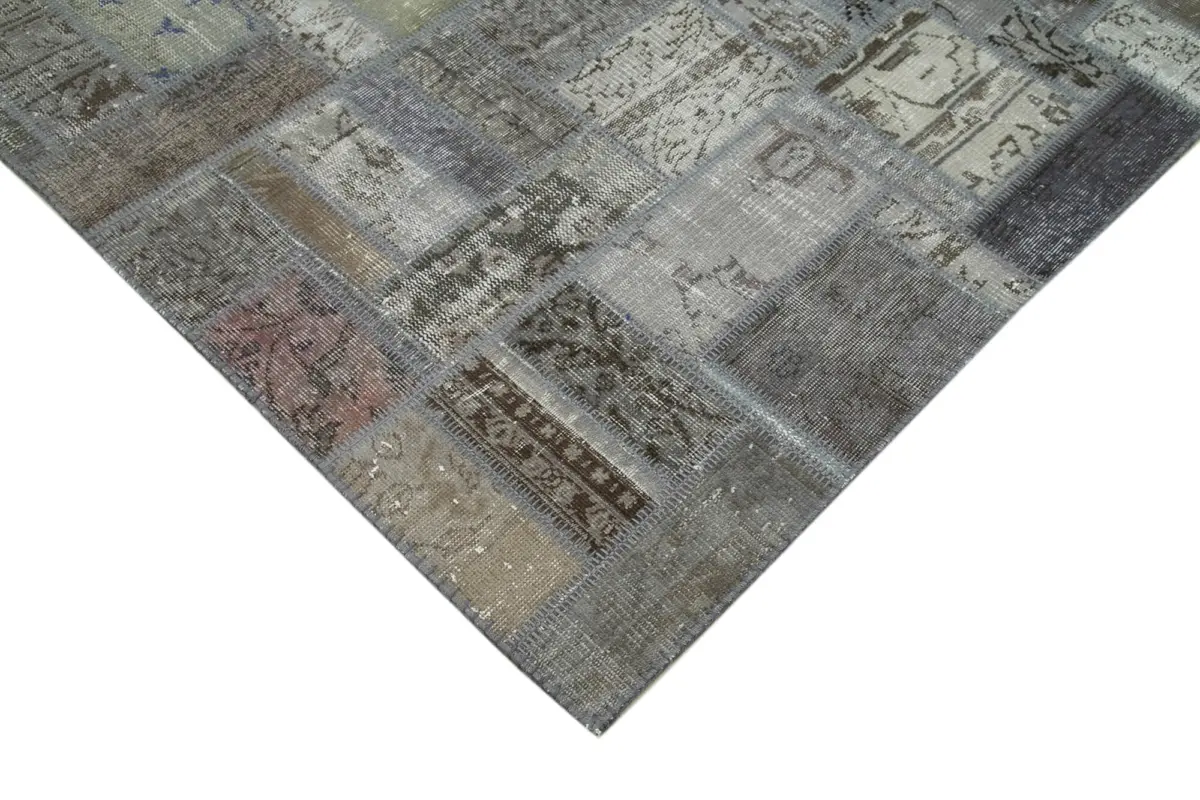 Patchwork Gri Pamuk Üzerine Yün El Dokuma Kilim-175x239 - Görsel 4
