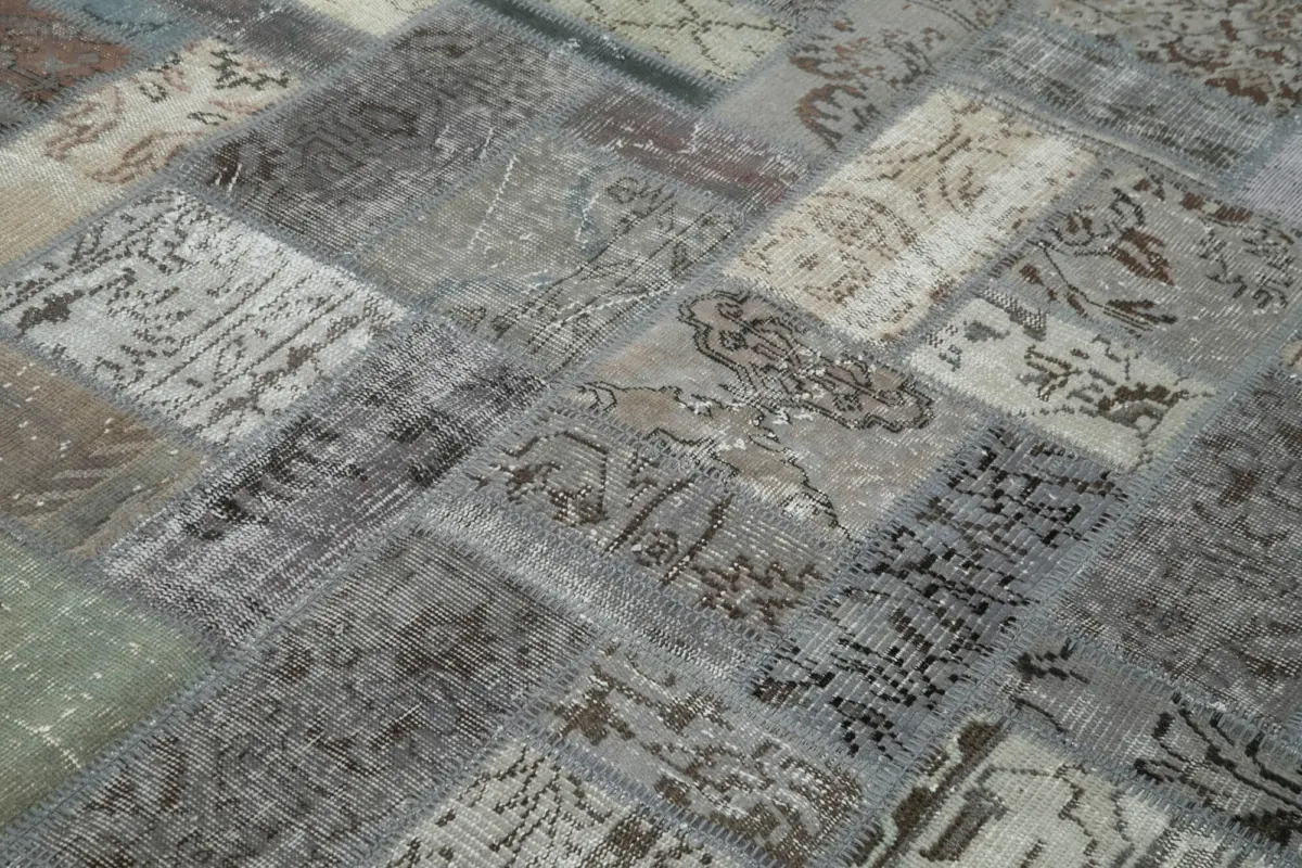 Patchwork Gri Pamuk Üzerine Yün El Dokuma Kilim-175x239 - Görsel 5