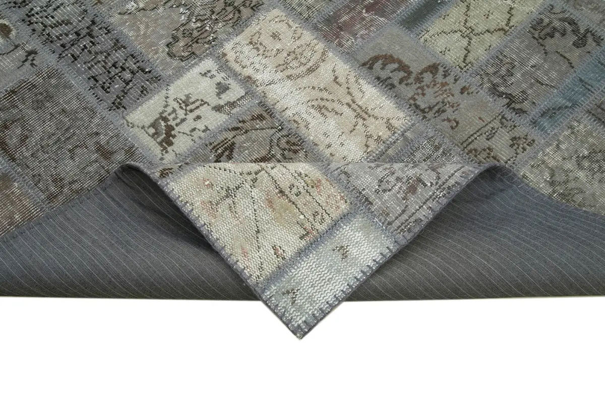 Patchwork Gri Pamuk Üzerine Yün El Dokuma Kilim-175x239 - Görsel 6