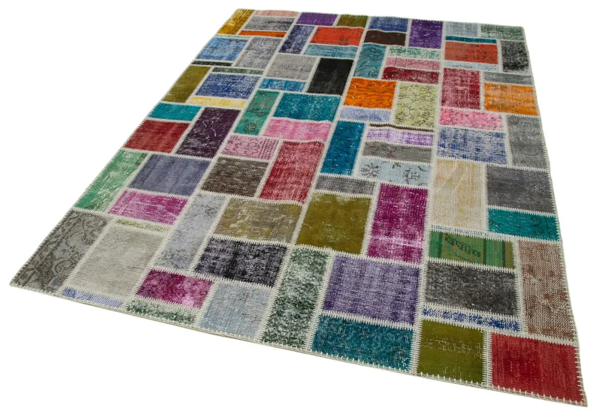 Patchwork Multi Pamuk Üzerine Yün El Dokuma Kilim-173x240 - Görsel 3