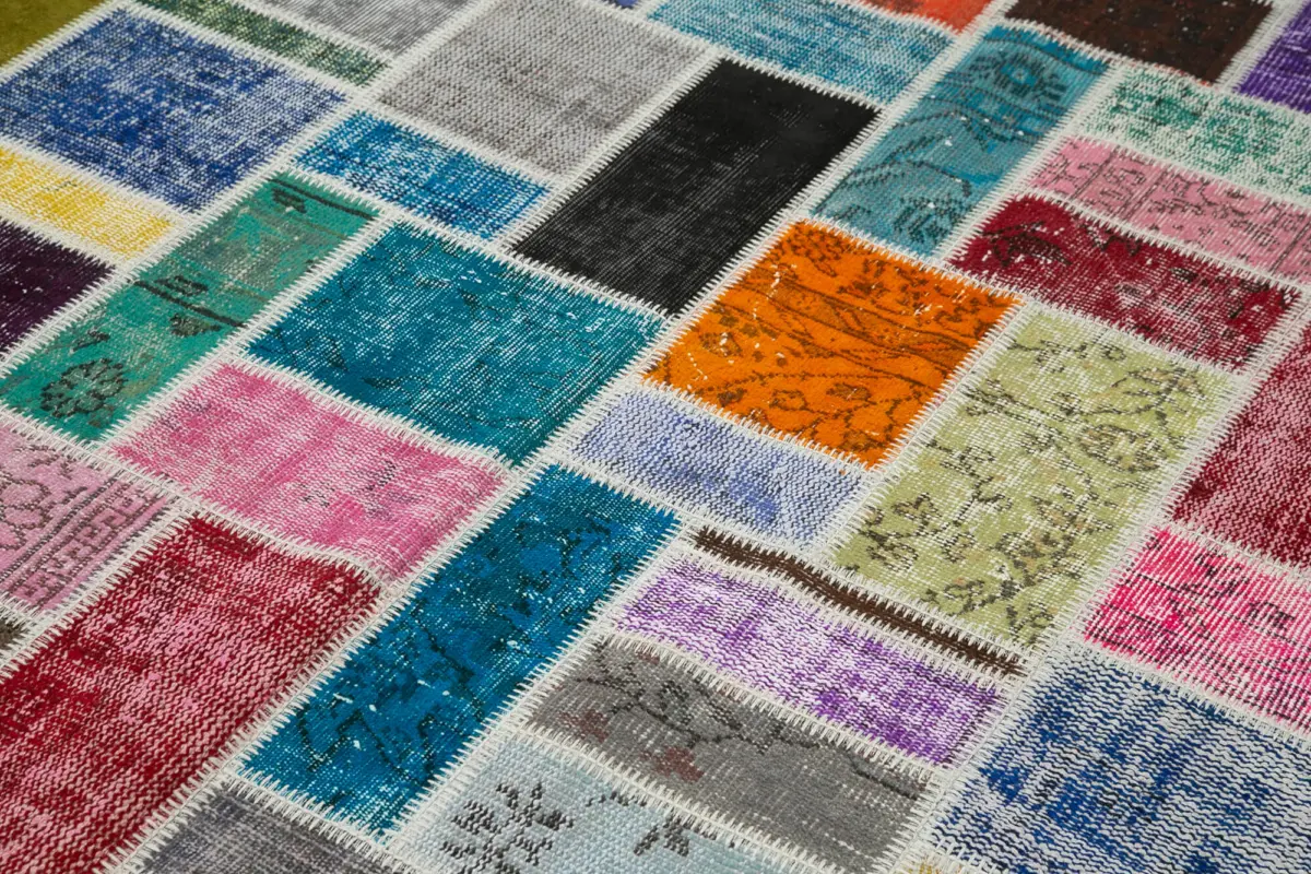 Patchwork Multi Pamuk Üzerine Yün El Dokuma Kilim-173x240 - Görsel 5