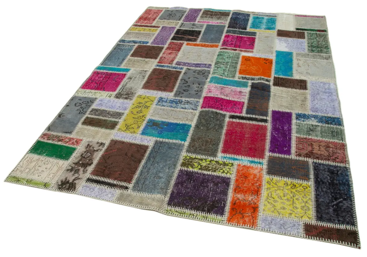 Patchwork Multi Pamuk Üzerine Yün El Dokuma Kilim-175x245 - Görsel 3