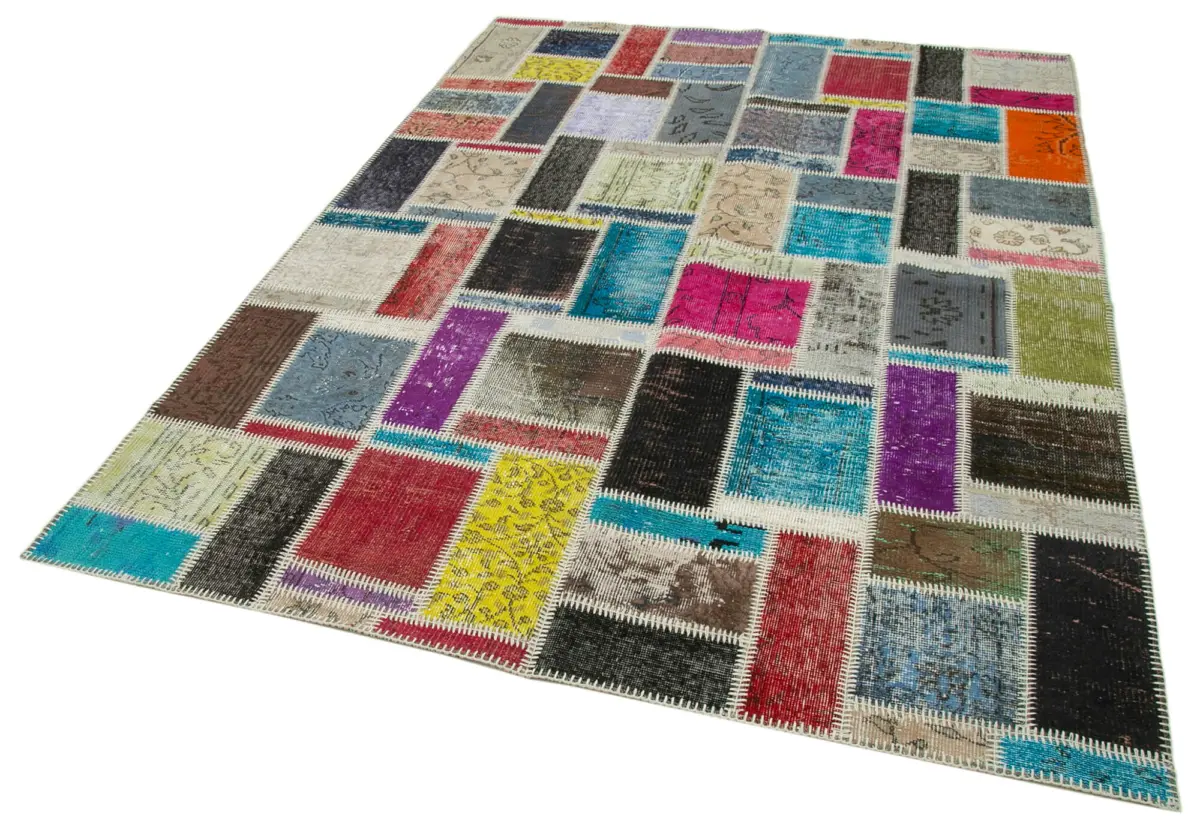 Patchwork Multi Pamuk Üzerine Yün El Dokuma Kilim-174x244 - Görsel 3