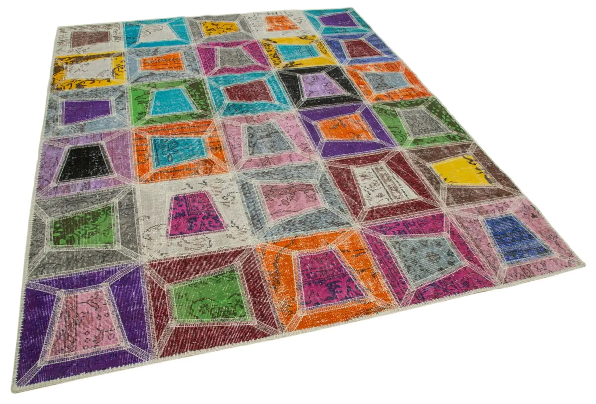 Patchwork Multi Pamuk Üzerine Yün El Dokuma Kilim-193x236 - Görsel 2