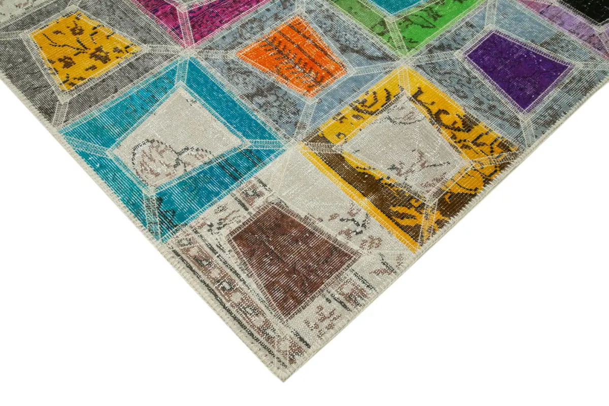 Patchwork Multi Pamuk Üzerine Yün El Dokuma Kilim-193x236 - Görsel 4