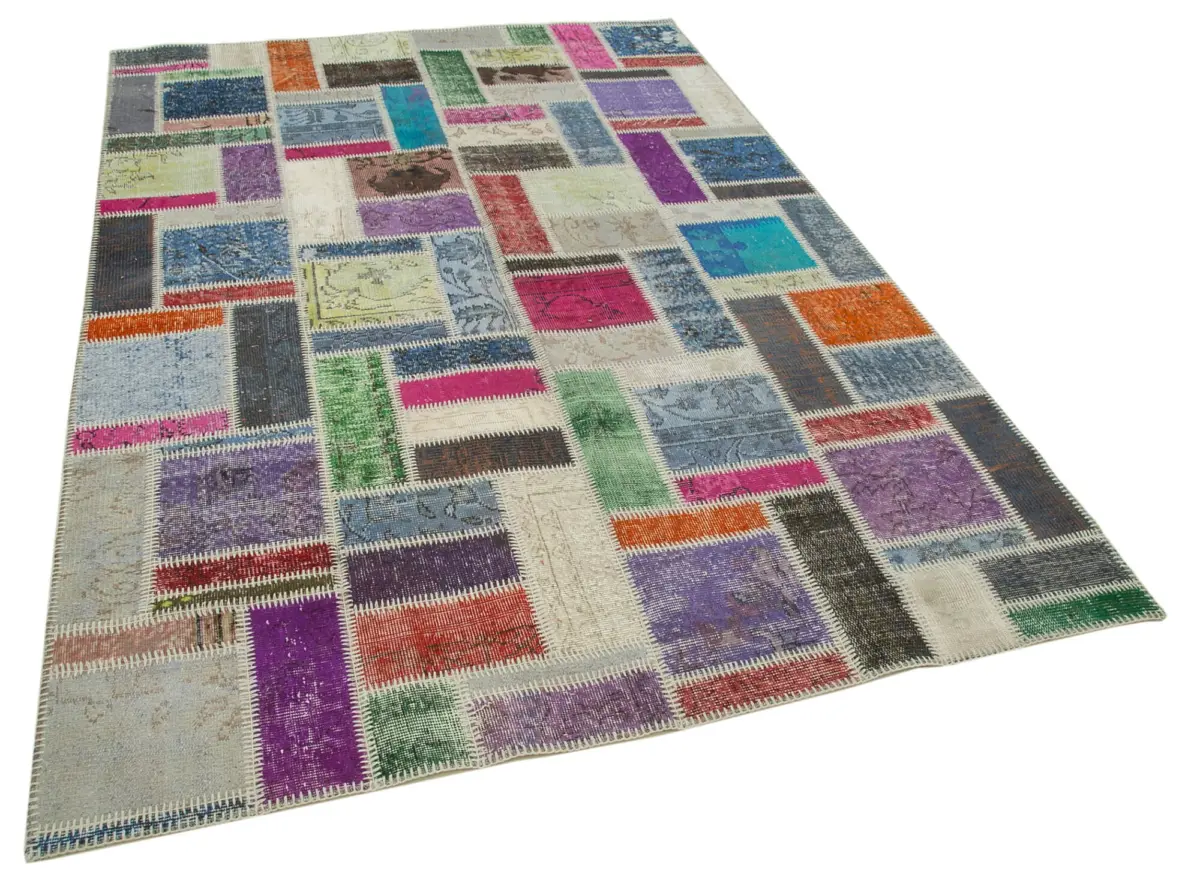 Patchwork Multi Pamuk Üzerine Yün El Dokuma Kilim-175x254 - Görsel 2