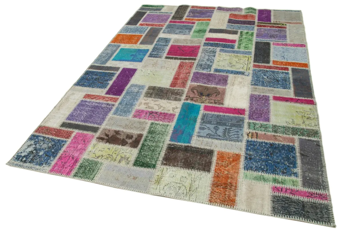 Patchwork Multi Pamuk Üzerine Yün El Dokuma Kilim-175x254 - Görsel 3