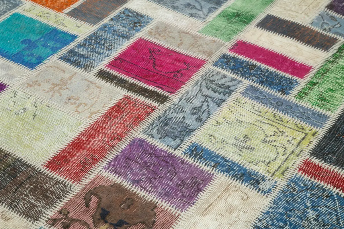 Patchwork Multi Pamuk Üzerine Yün El Dokuma Kilim-175x254 - Görsel 5