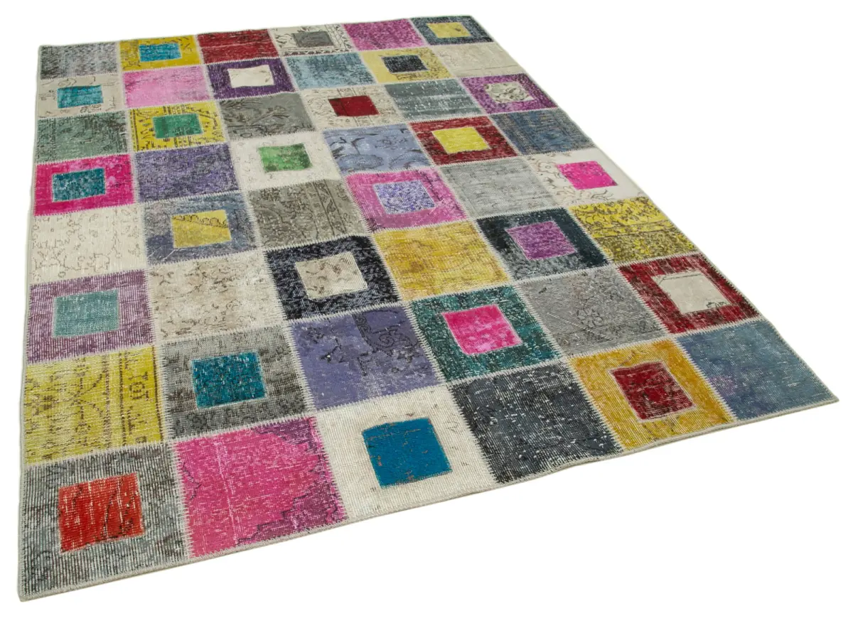 Patchwork Multi Pamuk Üzerine Yün El Dokuma Kilim-179x236 - Görsel 2