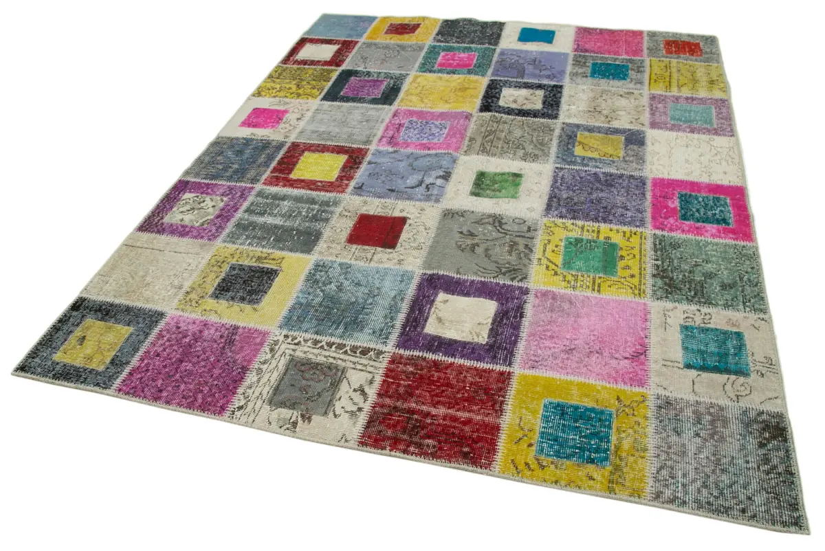 Patchwork Multi Pamuk Üzerine Yün El Dokuma Kilim-179x236 - Görsel 3
