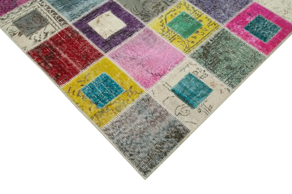 Patchwork Multi Pamuk Üzerine Yün El Dokuma Kilim-179x236 - Görsel 4