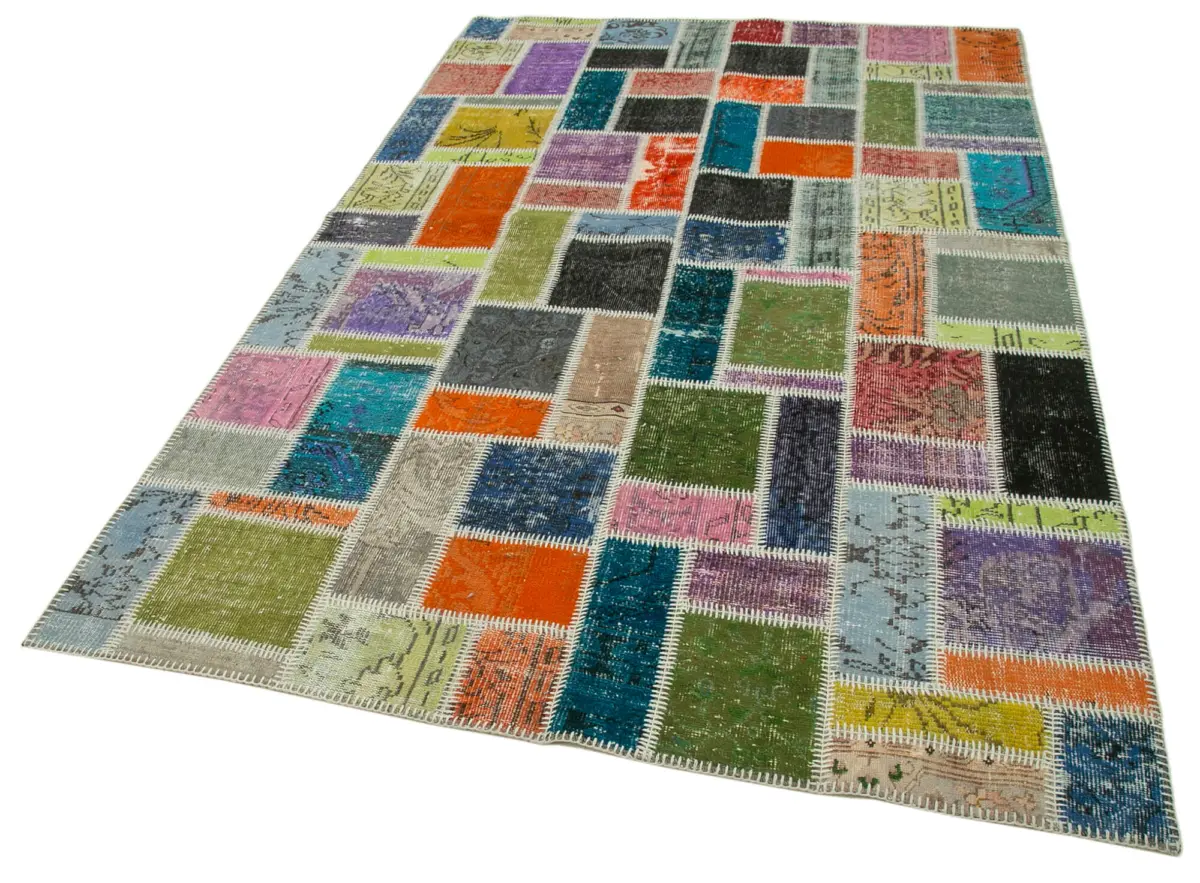 Patchwork Multi Pamuk Üzerine Yün El Dokuma Kilim-164x255 - Görsel 3