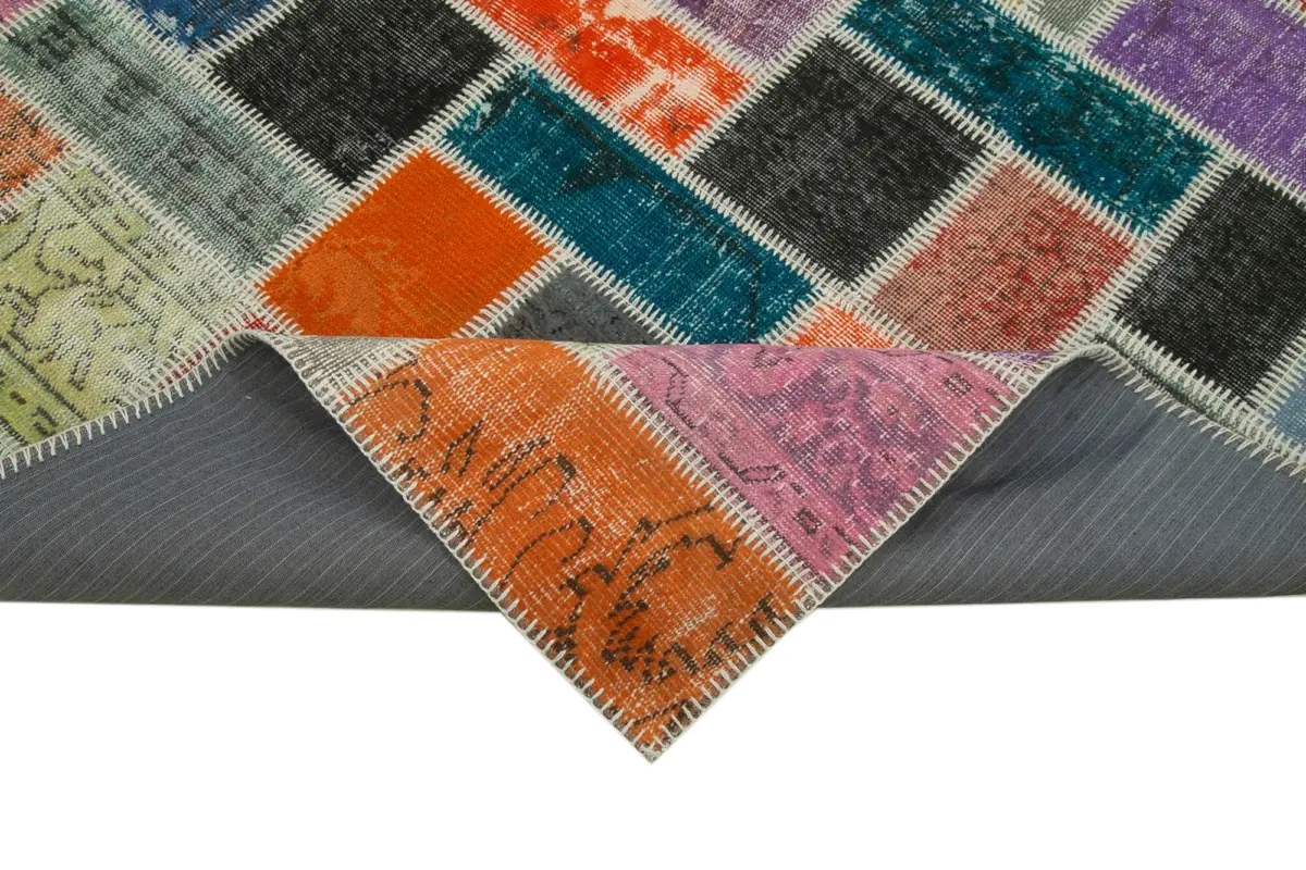 Patchwork Multi Pamuk Üzerine Yün El Dokuma Kilim-164x255 - Görsel 6
