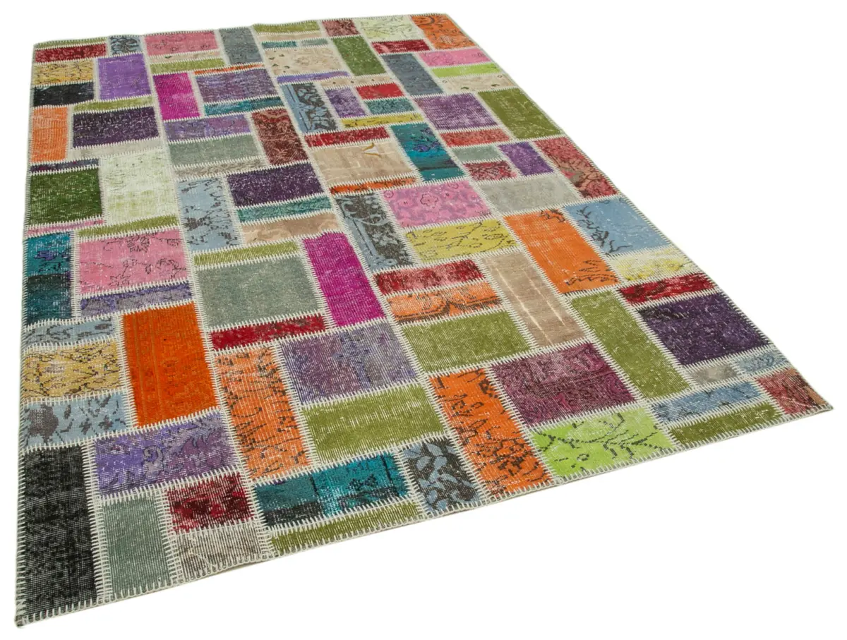 Patchwork Multi Pamuk Üzerine Yün El Dokuma Kilim-175x254 - Görsel 2