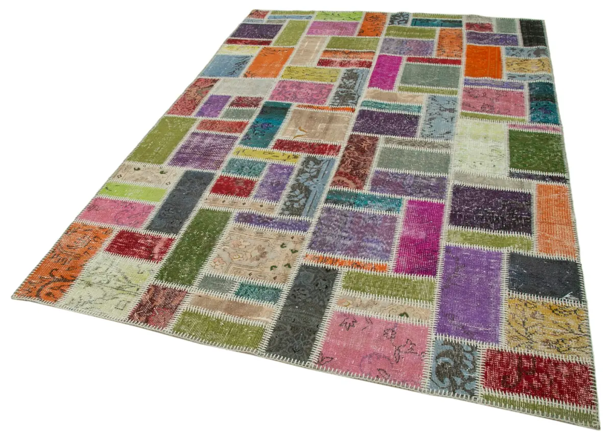 Patchwork Multi Pamuk Üzerine Yün El Dokuma Kilim-175x254 - Görsel 3