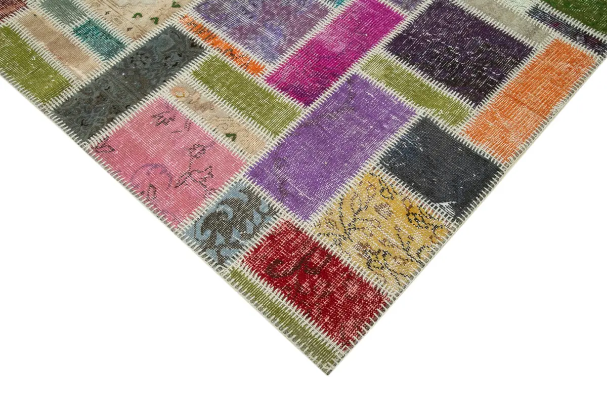 Patchwork Multi Pamuk Üzerine Yün El Dokuma Kilim-175x254 - Görsel 4