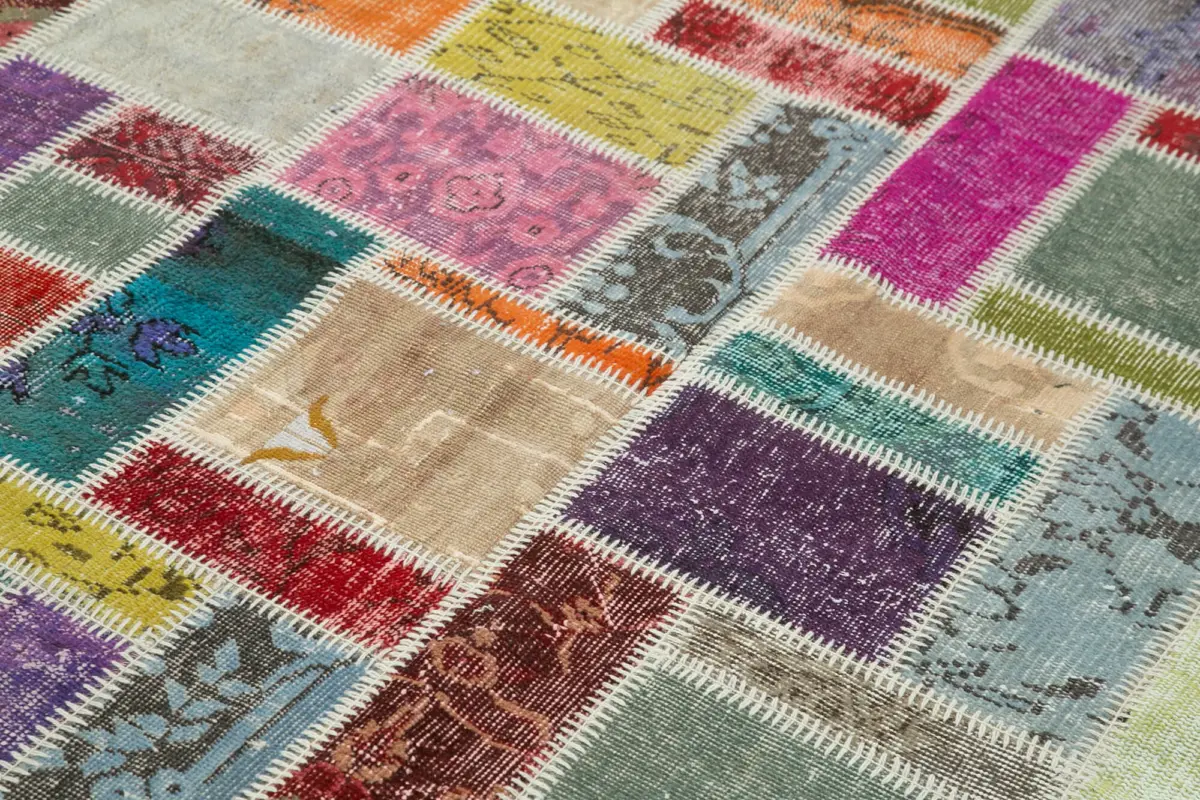 Patchwork Multi Pamuk Üzerine Yün El Dokuma Kilim-175x254 - Görsel 5