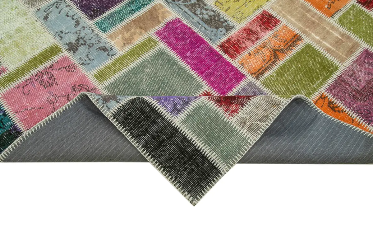 Patchwork Multi Pamuk Üzerine Yün El Dokuma Kilim-175x254 - Görsel 6
