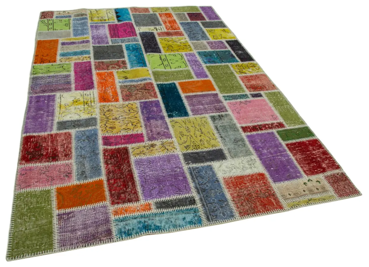 Patchwork Multi Pamuk Üzerine Yün El Dokuma Kilim-167x250 - Görsel 2